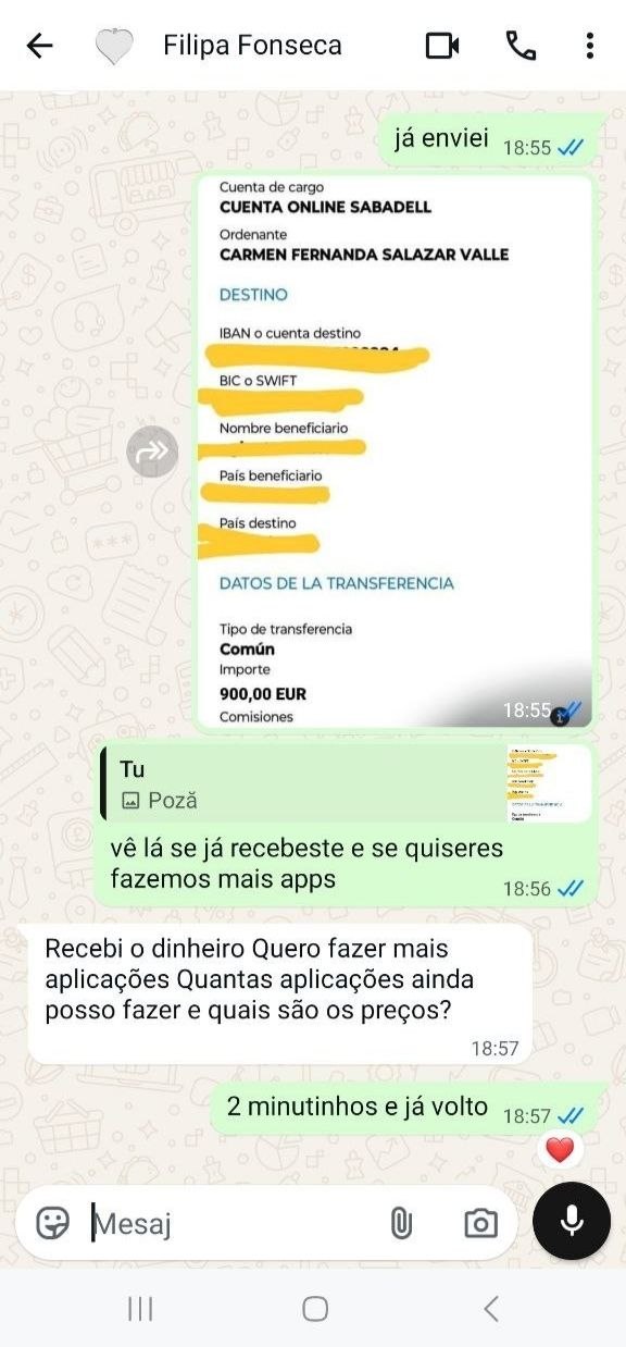 Captura de ecrã do pagamento
