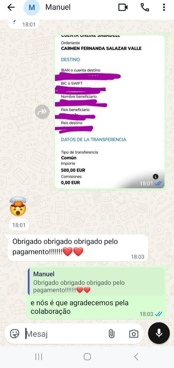 Captura de ecrã do pagamento
