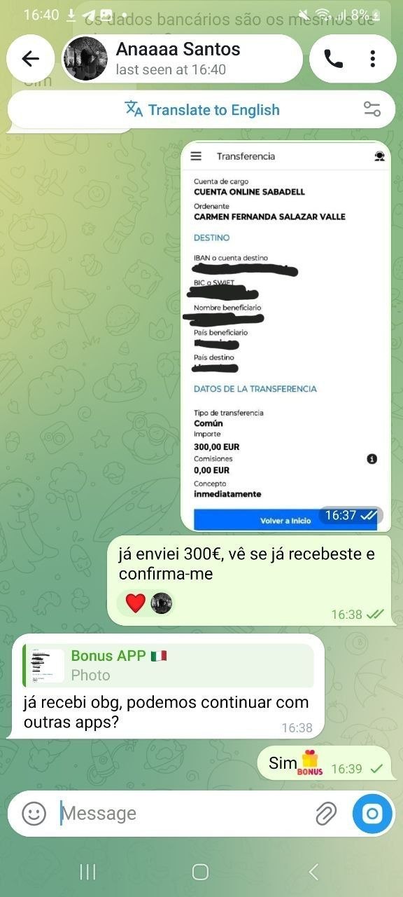 Captura de ecrã do pagamento