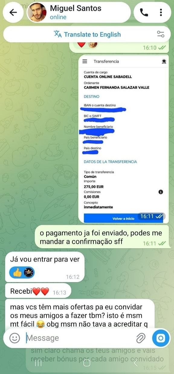 Captura de ecrã do pagamento