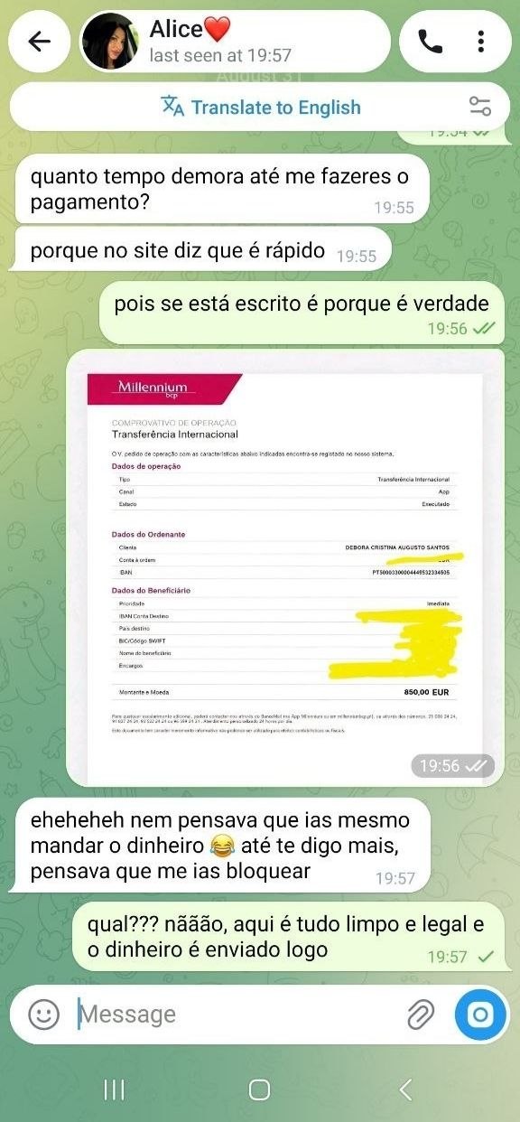 Captura de ecrã do pagamento