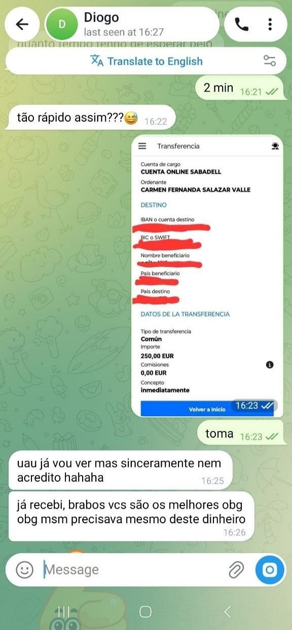 Captura de ecrã do pagamento