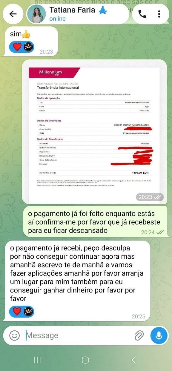 Captura de ecrã do pagamento