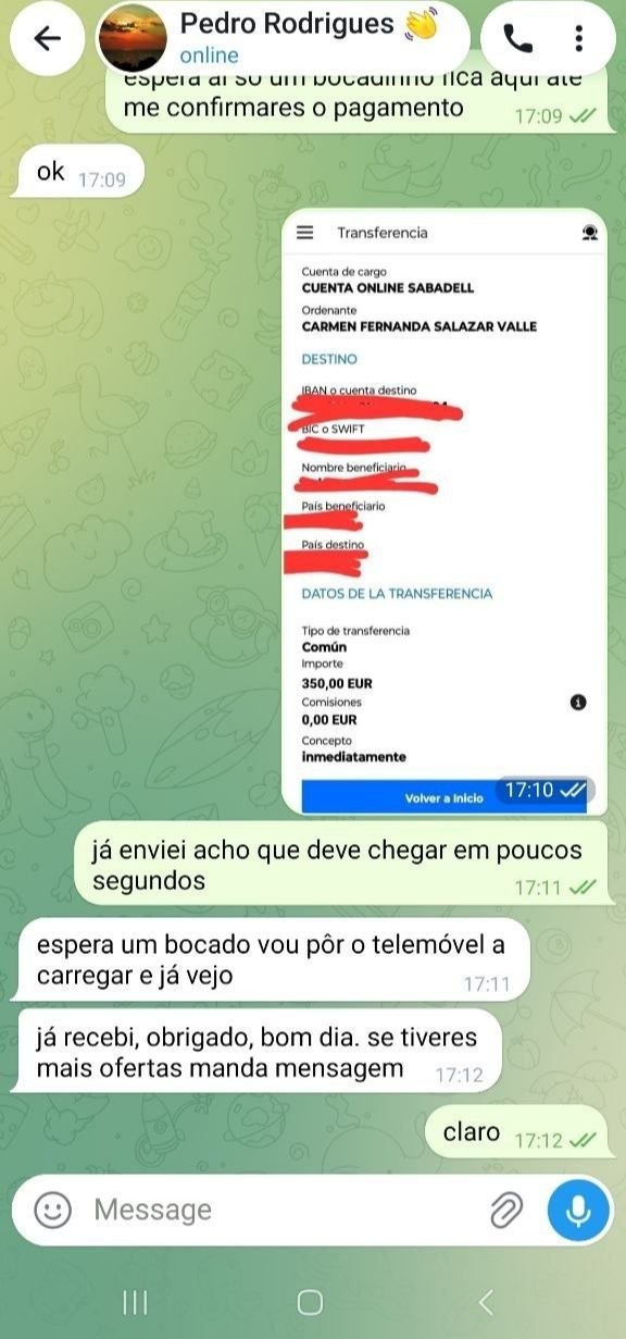 Captura de ecrã do pagamento