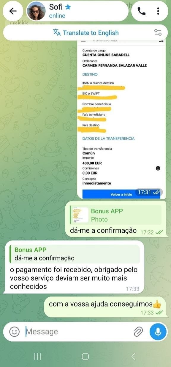 Captura de ecrã do pagamento